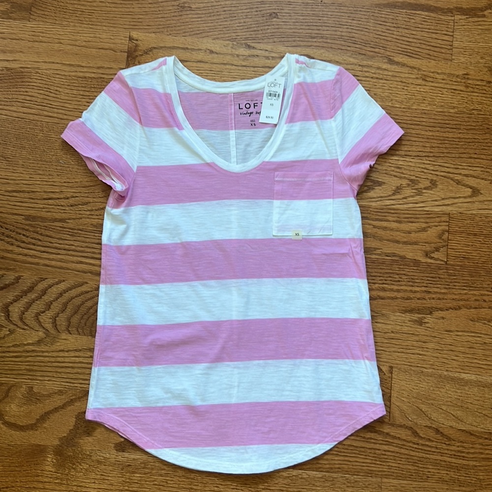 Loft Short Sleeve T-Shirt | White/Pink Strip | XS | Smoke Free Home | NWT